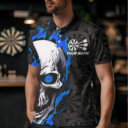 Black And Blue Flame Skull Custom Dart Polo Shirts For Men, Fire Dart Team Jerseys IPHW8498