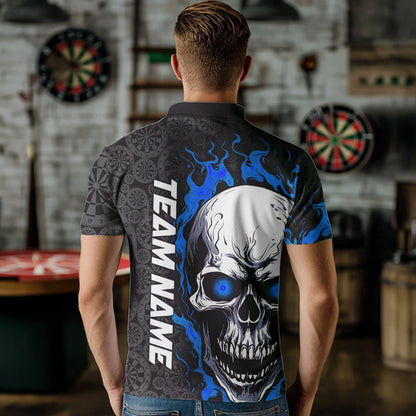 Black And Blue Flame Skull Custom Dart Polo Shirts For Men, Fire Dart Team Jerseys IPHW8498
