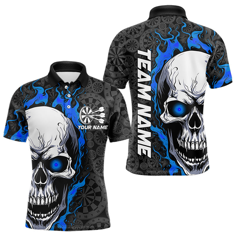 Black And Blue Flame Skull Custom Dart Polo Shirts For Men, Fire Dart Team Jerseys IPHW8498
