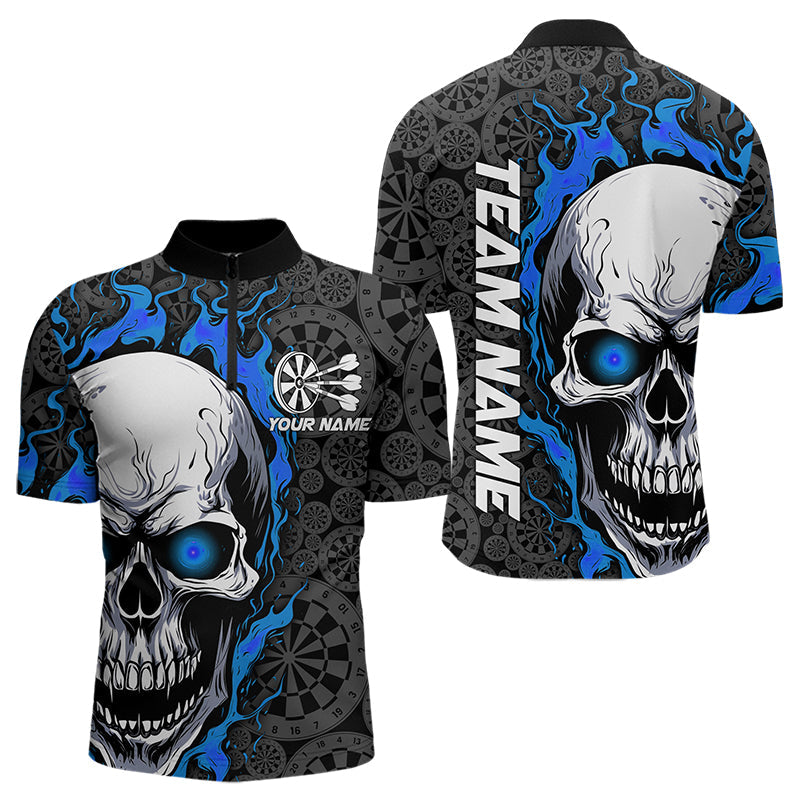 Black And Blue Flame Skull Custom Dart Quarter-Zip Shirts For Men, Fire Dart Team Jerseys IPHW8498