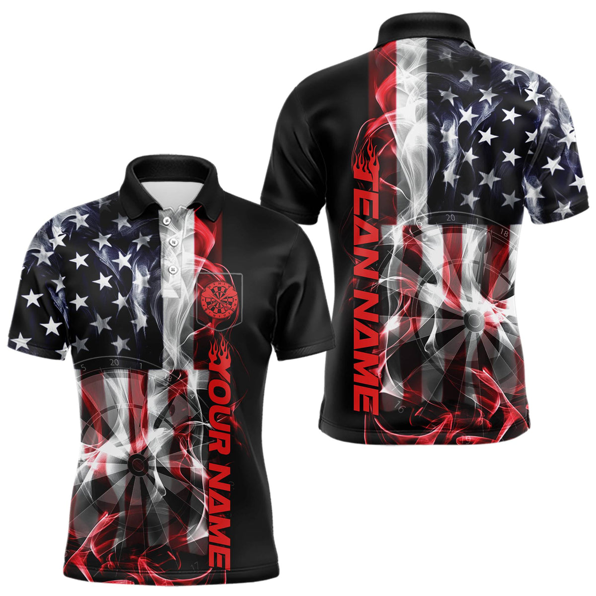 Black dart polo shirt with American flag design and customizable text on a white background