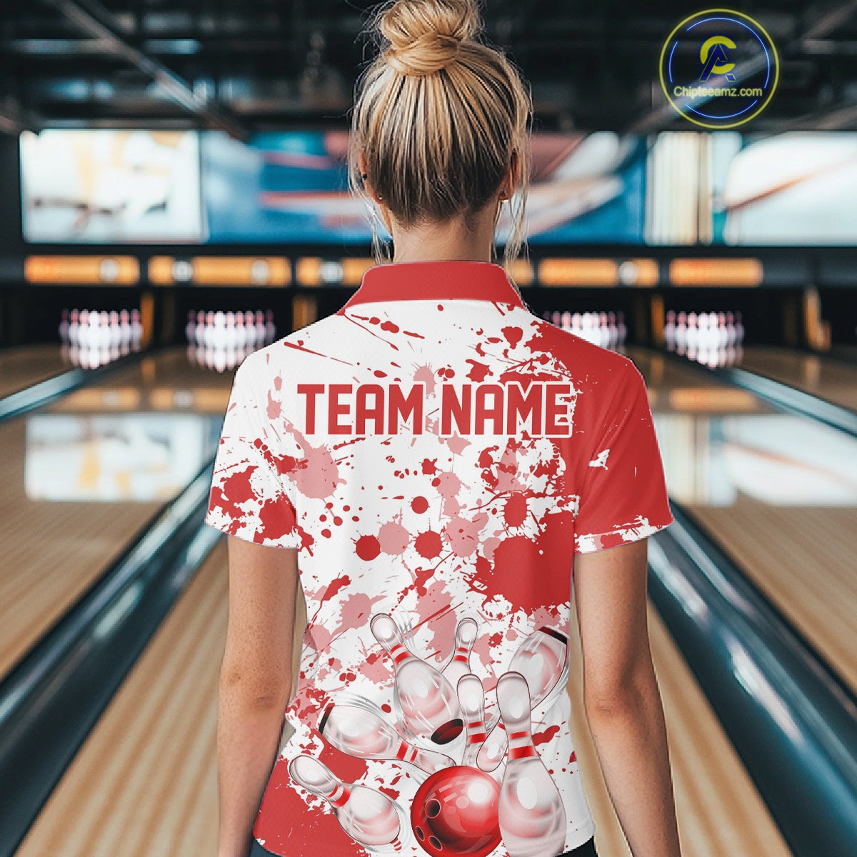 Custom Red Splatter Bowling Team League Shirts For Women, Bowling Jerseys Bowler Outfit IPHW10593
