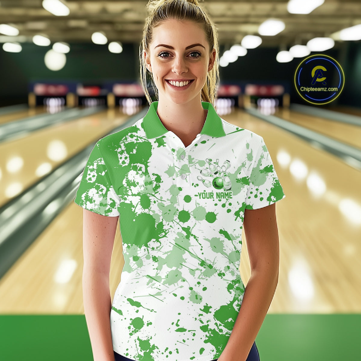 Custom Green Splatter Bowling Team League Shirts For Women, Bowling Jerseys Bowler Outfit IPHW10594