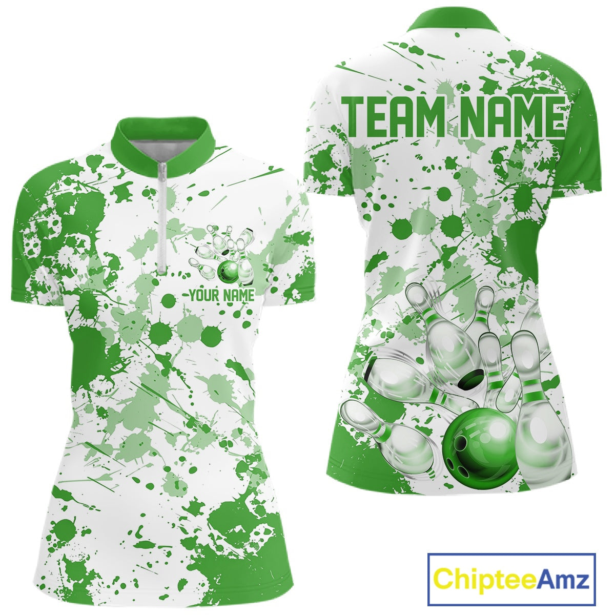 Custom Green Splatter Bowling Team League Shirt For Women, Bowling Jerseys Bowler Outfit IPHW10594