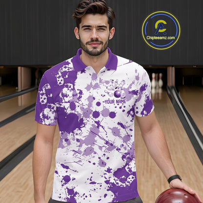 Custom Purple Splatter Bowling Team League Shirts For Men, Bowling Jerseys Bowler Outfit IPHW10595