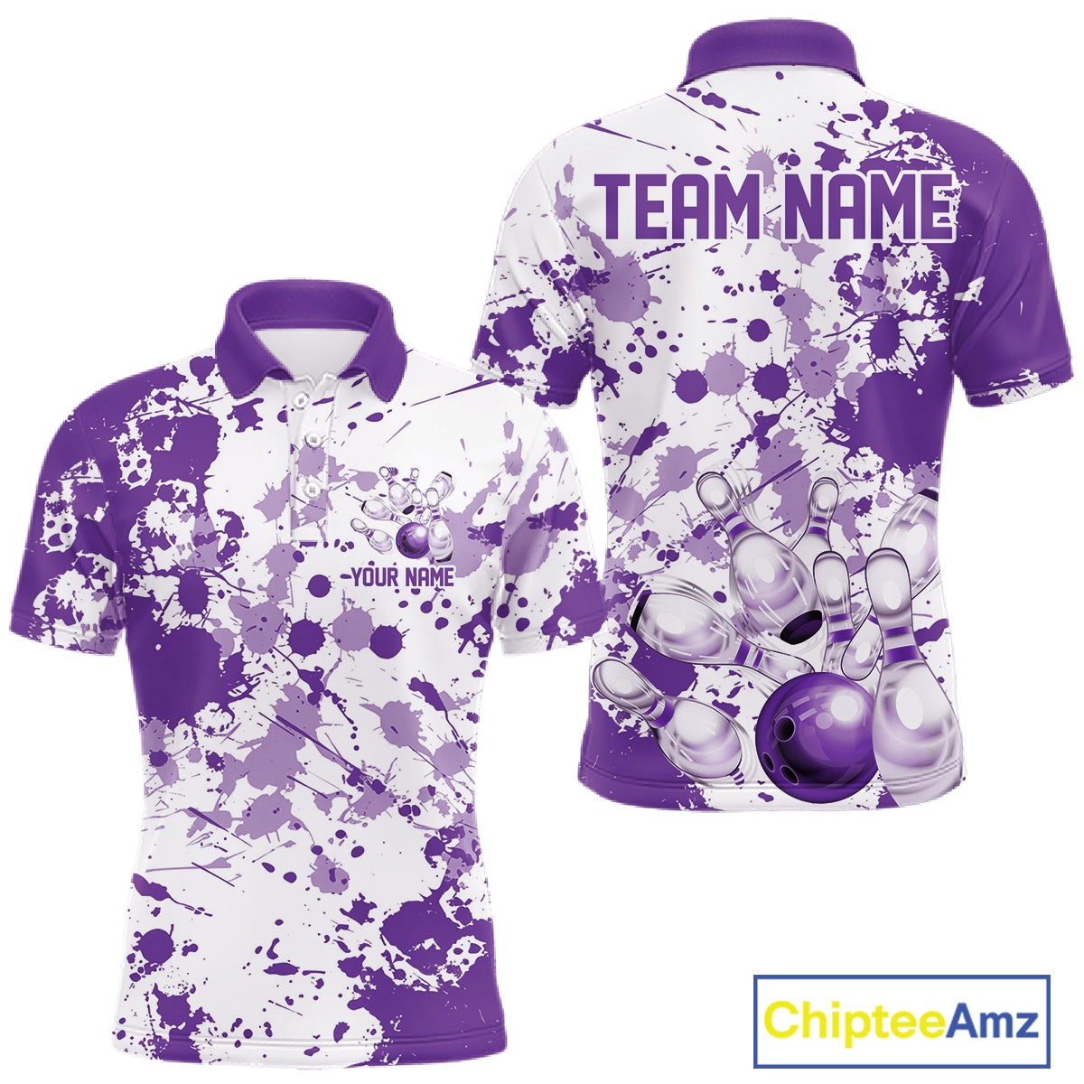Custom Purple Splatter Bowling Team League Shirts For Men, Bowling Jerseys Bowler Outfit IPHW10595