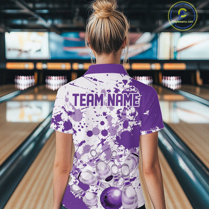 Custom Purple Splatter Bowling Team League Shirt For Women, Bowling Jersey Bowler Outfit IPHW10595