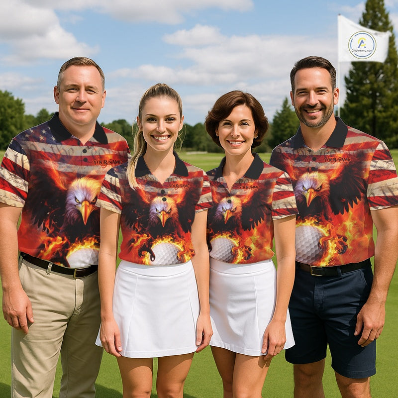 Custom Patriotic Eagle We The People Flame Golf Shirt For Men, Vintage US Flag Golf Shirt IPHW10599