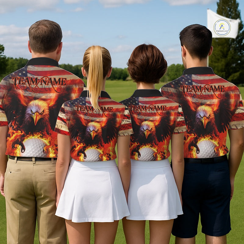 Custom Patriotic Eagle We The People Flame Golf Shirt For Men, Vintage US Flag Golf Shirt IPHW10599