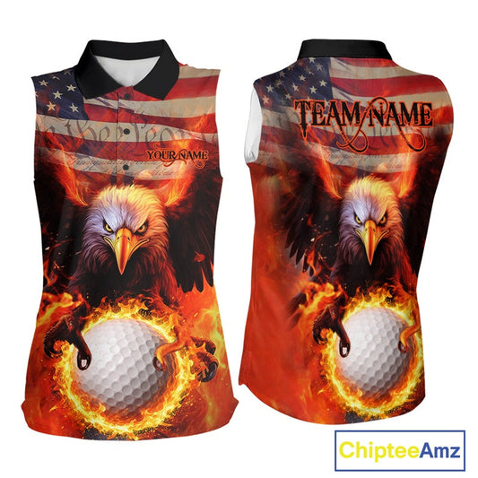 Custom Patriotic Eagle We The People Flame Golf Shirt For Women, Vintage US Flag Golf Shirt IPHW10599