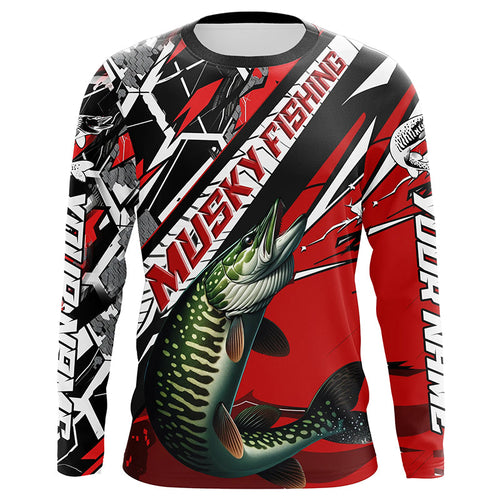 Black And Red Musky Long Sleeve Tournament Fishing Shirts, Custom Muskie Fishing Jerseys IPHW6204