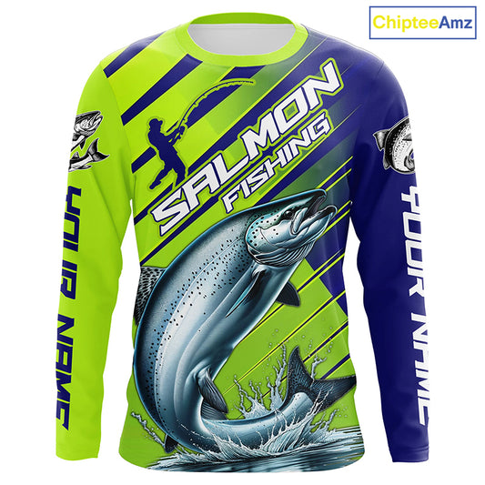 Chinook Salmon Custom Long Sleeve Fishing Shirts, Salmon Fisherman Fishing Jerseys | Green And Blue IPHW6209
