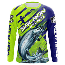 Load image into Gallery viewer, Chinook Salmon Custom Long Sleeve Fishing Shirts, Salmon Fisherman Fishing Jerseys | Green And Blue IPHW6209