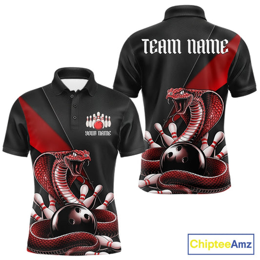 Front and back black mens bowling polo featuring a red cobra coiled around a bowling ball with scattered bowling pins.