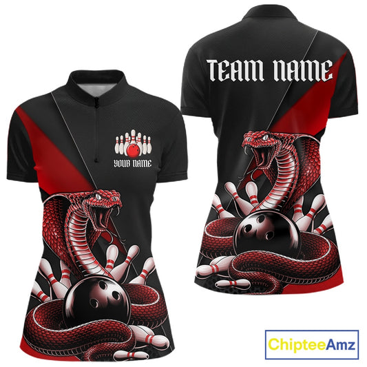 Front and back womens black bowling quarter-zip featuring a red cobra coiled around a bowling ball and scattered pins.