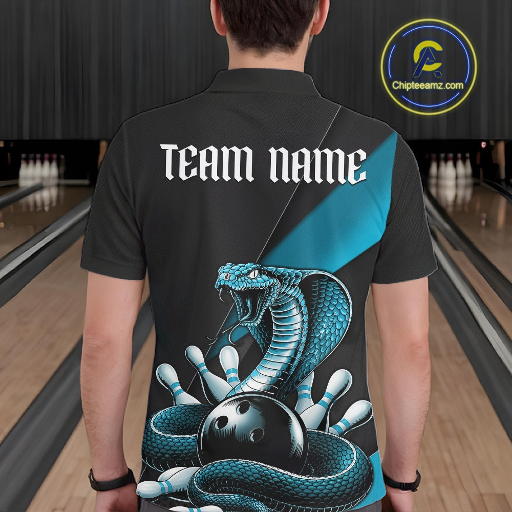 Back view of a black mens bowling polo displaying a blue cobra wrapped around a bowling ball with scattered pins.