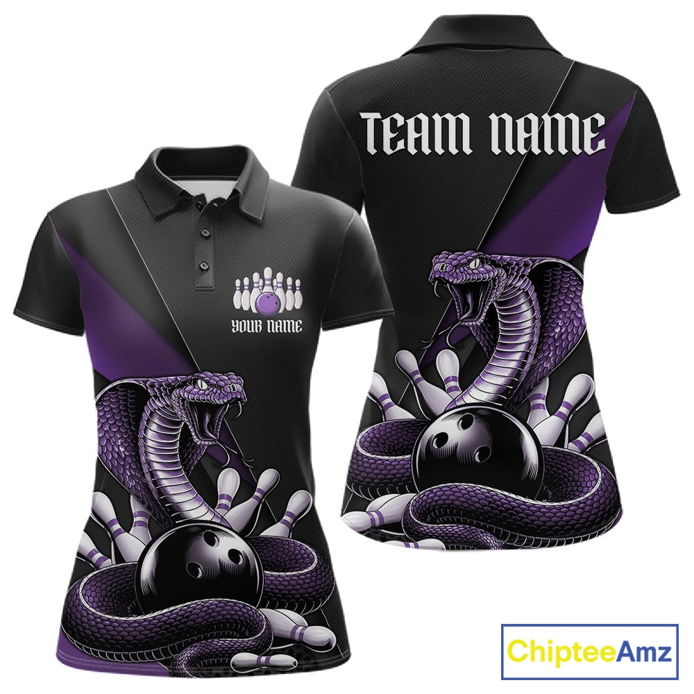 Front and back black womens bowling polo featuring a purple cobra coiled around a bowling ball with scattered pins.