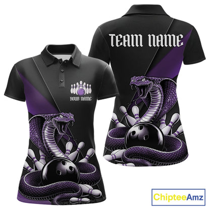Front and back black womens bowling polo featuring a purple cobra coiled around a bowling ball with scattered pins.