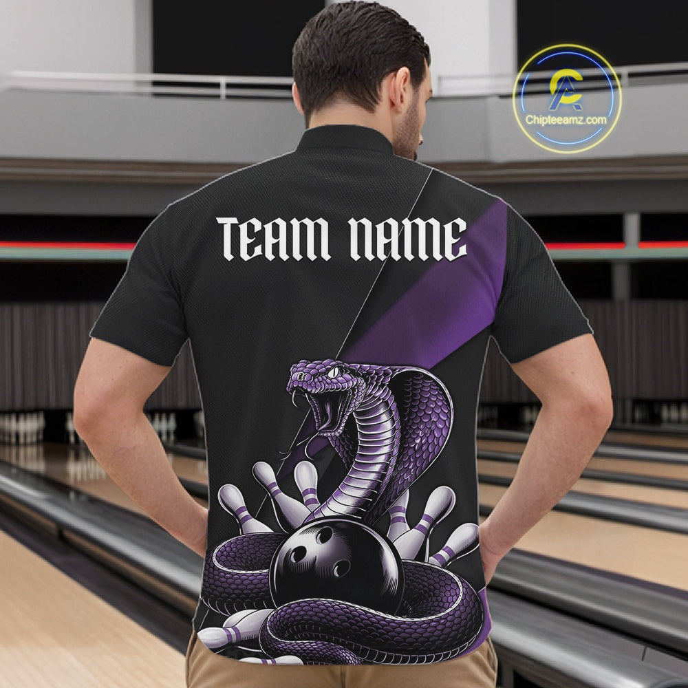 Front view of a black mens bowling quarter-zip showcasing a purple cobra around a bowling ball with scattered pins.