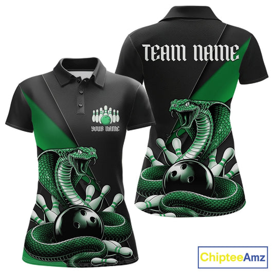 Front and back black womens bowling polo featuring a green cobra coiled around a bowling ball with scattered pins.