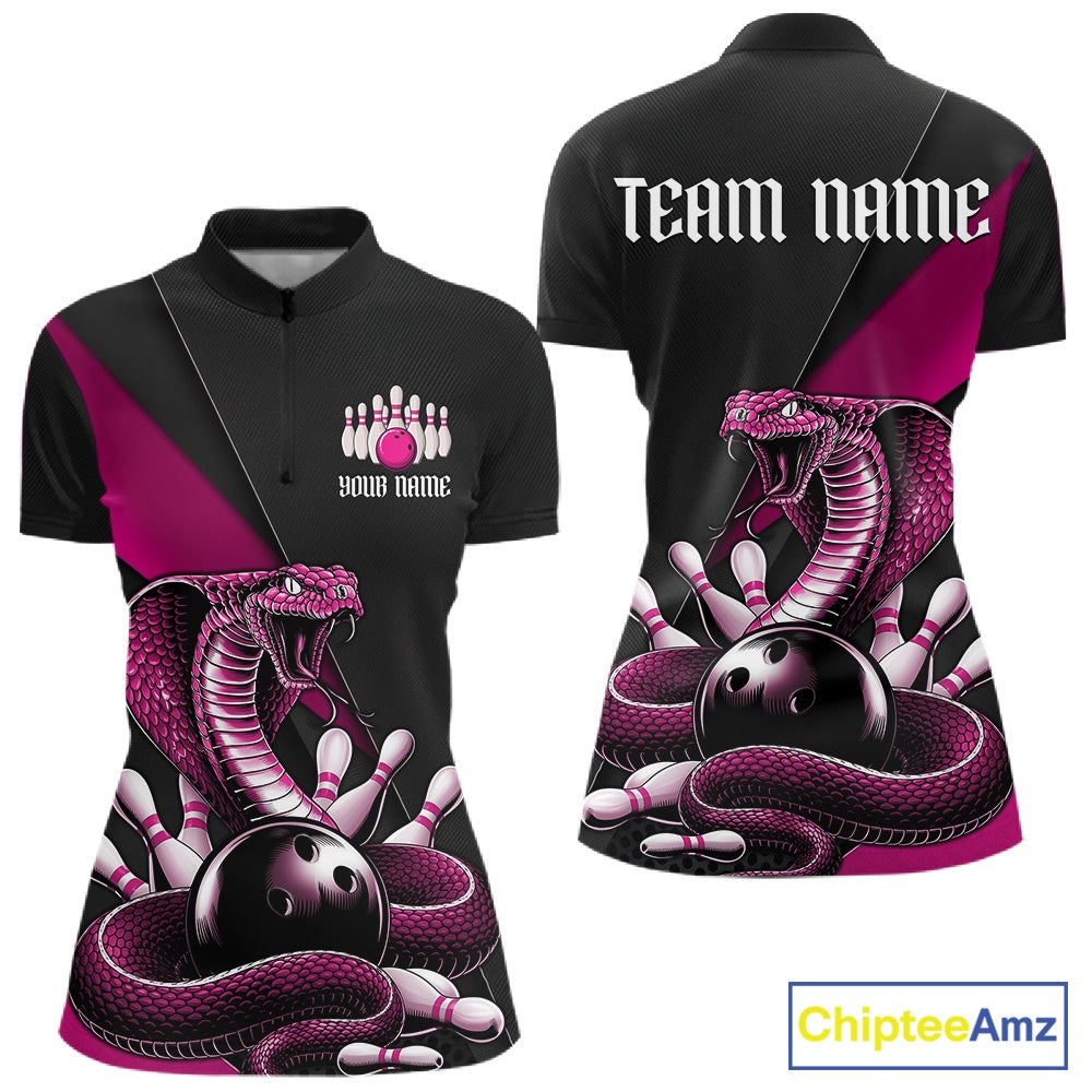 Front and back womens black bowling quarter-zip featuring a pink cobra coiled around a bowling ball and scattered bowling pins.