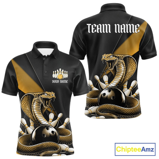 Front and back black mens bowling polo featuring a yellow cobra coiled around a bowling ball with scattered bowling pins.