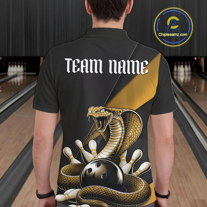 Back view of a black mens bowling polo displaying a yellow cobra wrapped around a bowling ball with bowling pins.