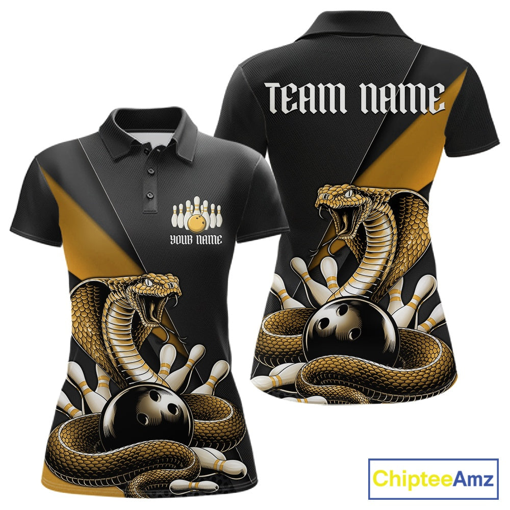 Front and back black womens bowling polo featuring a yellow cobra coiled around a bowling ball with scattered pins.