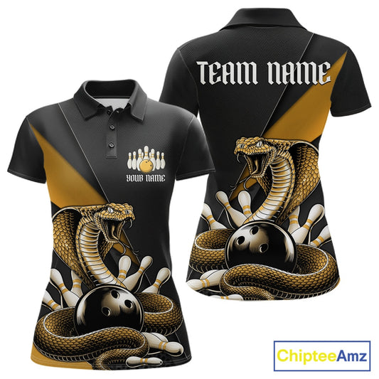 Front and back black womens bowling polo featuring a yellow cobra coiled around a bowling ball with scattered pins.