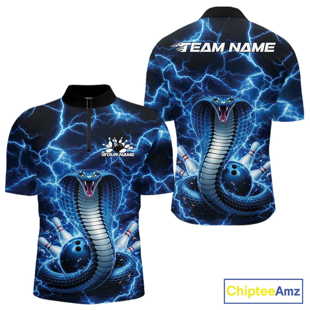Front and back mens bowling quarter-zip featuring a blue cobra coiled around a bowling ball with lightning background artwork.