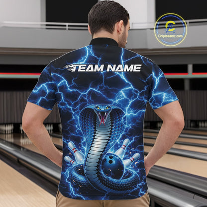 Front view of a mens bowling quarter-zip showcasing a blue cobra wrapped around a bowling ball with lightning accents.