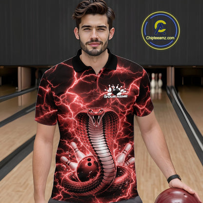 Male model at the bowling lane wearing a bowling polo with red cobra artwork and lightning-inspired bowling design.