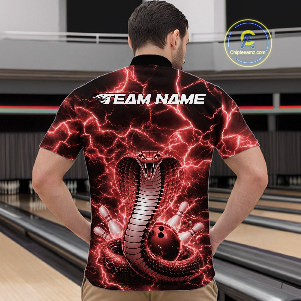Front view of a mens bowling quarter-zip displaying a red cobra wrapped around a bowling ball with lightning effects.