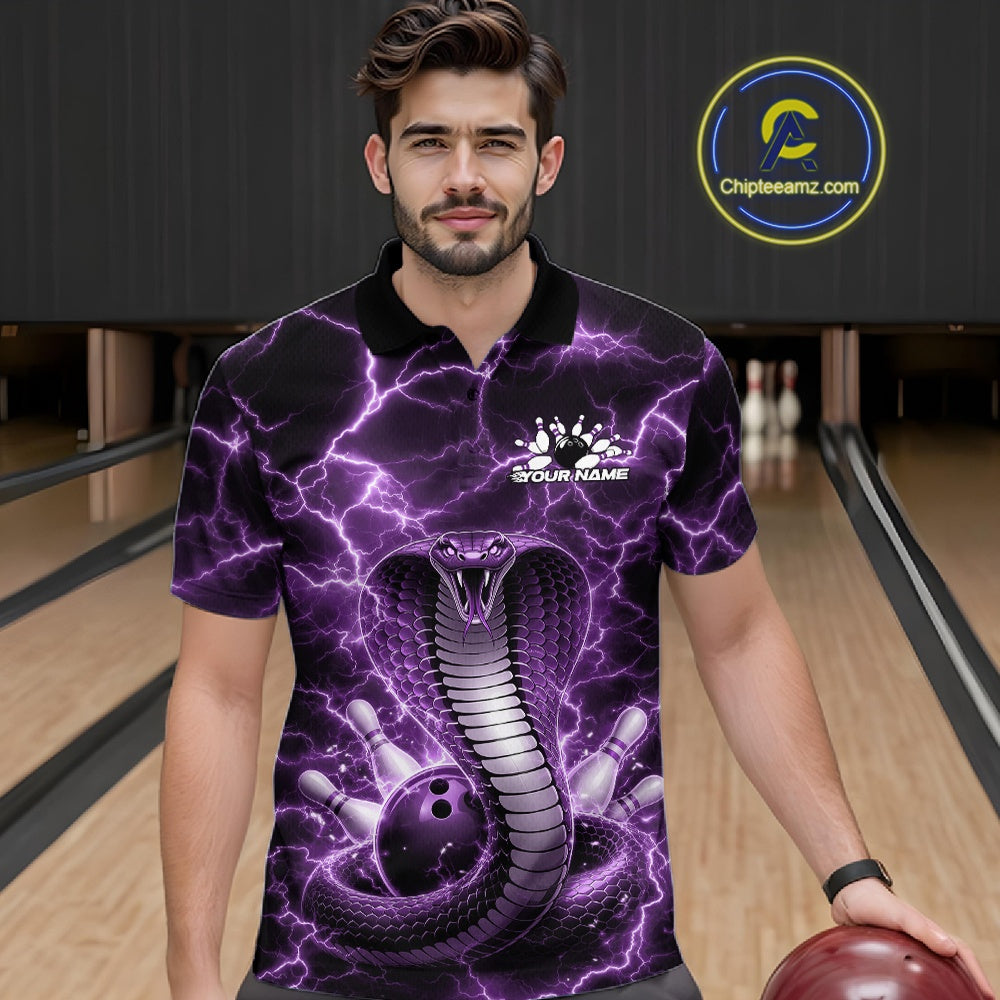 Male model wearing a bowling polo in a bowling lane with purple cobra graphics wrapped around a bowling ball and lightning effects.