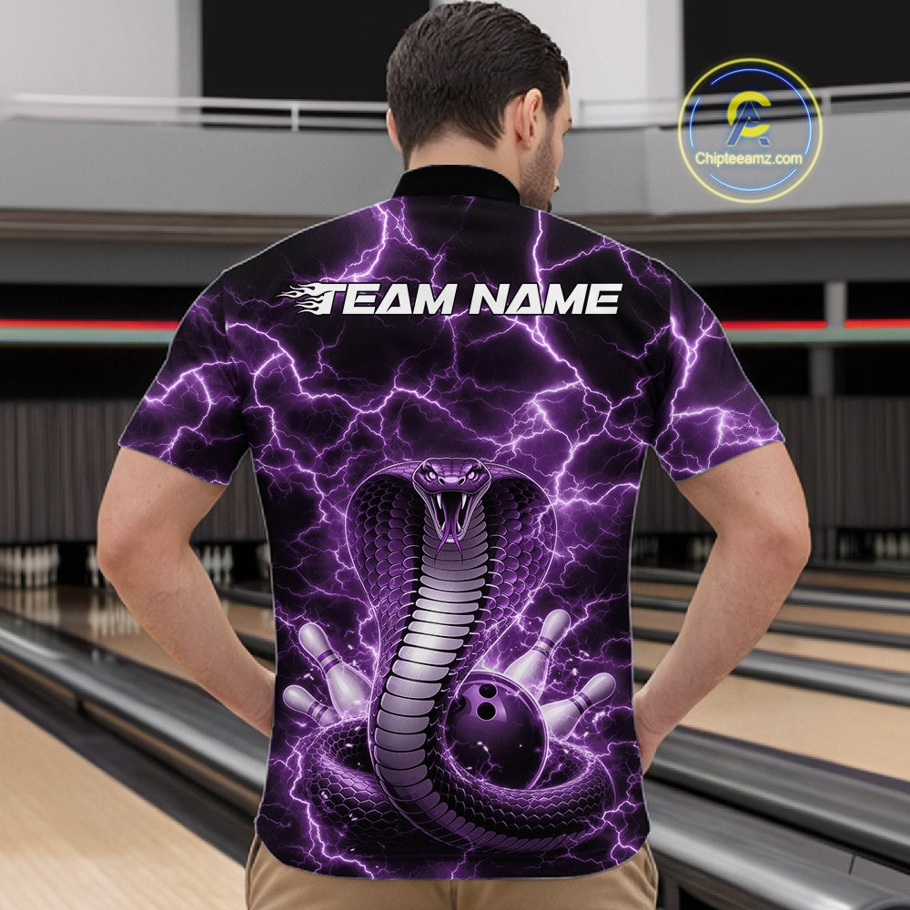 Front view of a mens bowling quarter-zip showcasing a purple cobra wrapped around a bowling ball with lightning accents.