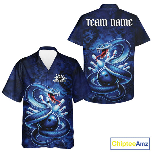 Front and back button-up bowling shirt showcasing a blue cobra coiled around a bowling ball with dark fantasy styling.