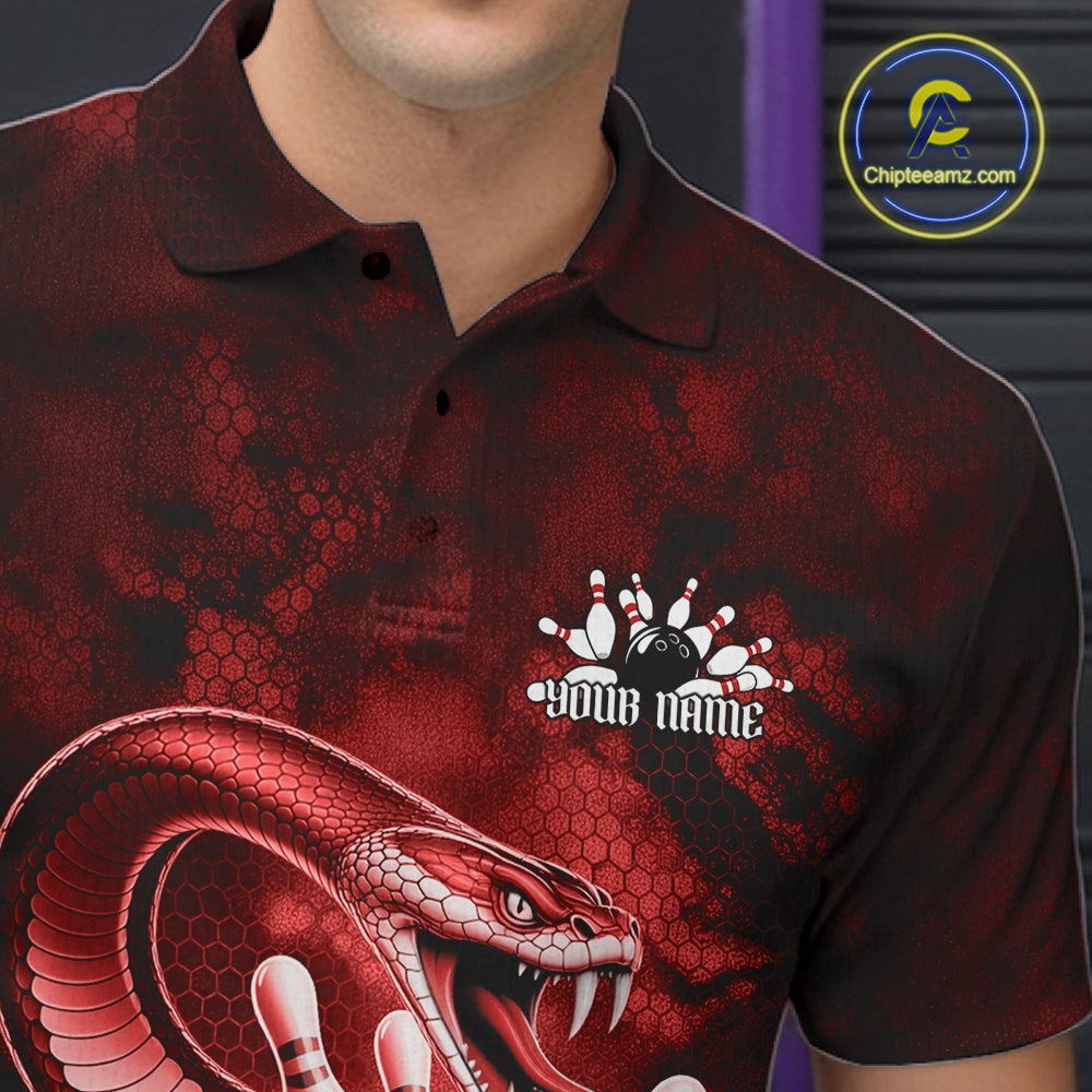 Left chest close-up of a bowling polo featuring a red cobra, bowling ball, and scattered pin artwork.