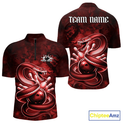 Front and back mens bowling quarter-zip featuring a red cobra coiled around a bowling ball with scattered bowling pins.