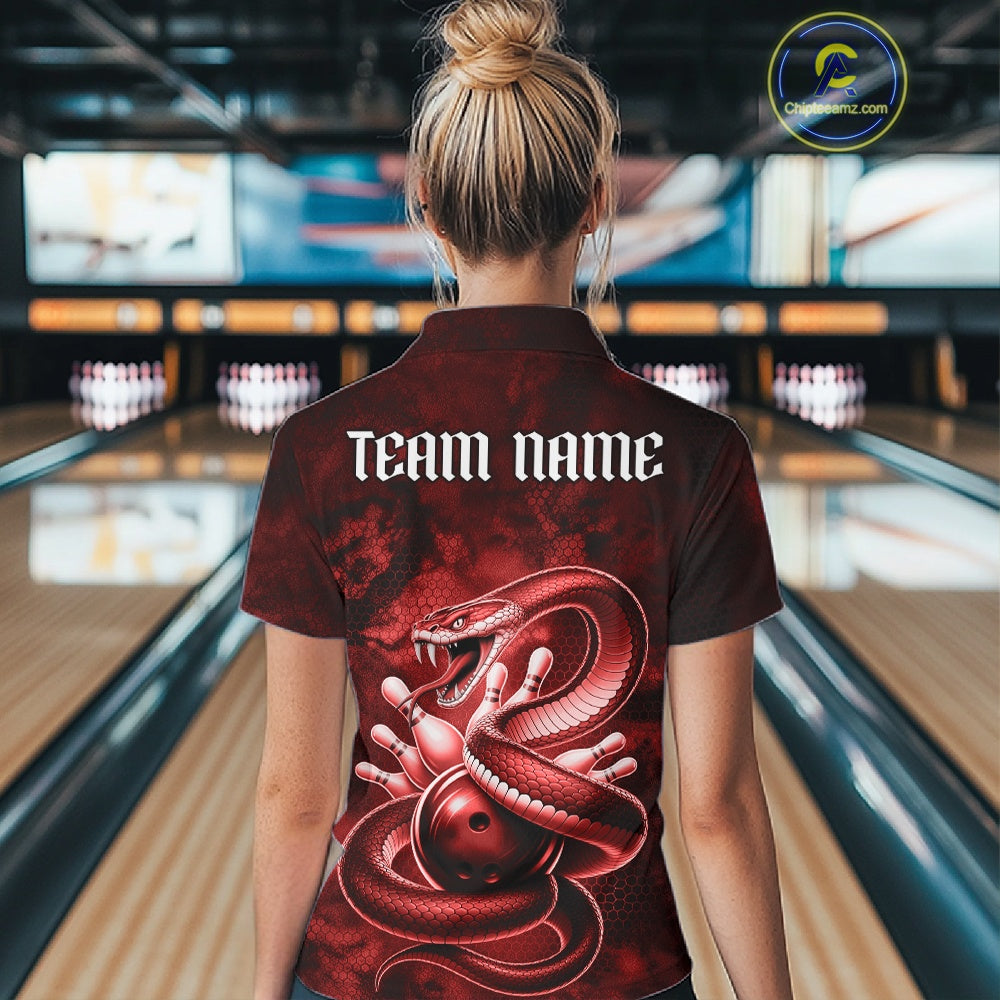 Back view of a womens bowling quarter-zip displaying a red cobra, bowling ball, and scattered pins in dark fantasy styling.