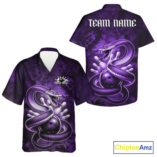 Front and back button-up bowling shirt featuring a purple cobra coiled around a bowling ball with scattered pins.