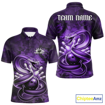 Front and back mens bowling polo featuring a purple cobra coiled around a bowling ball with scattered pins in dark fantasy style.