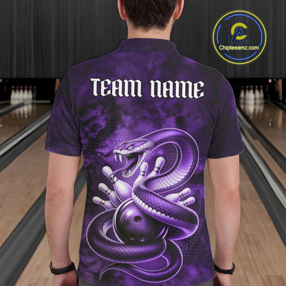 Back view of a mens bowling polo showcasing a purple cobra, bowling ball, and scattered pins in dark fantasy styling.