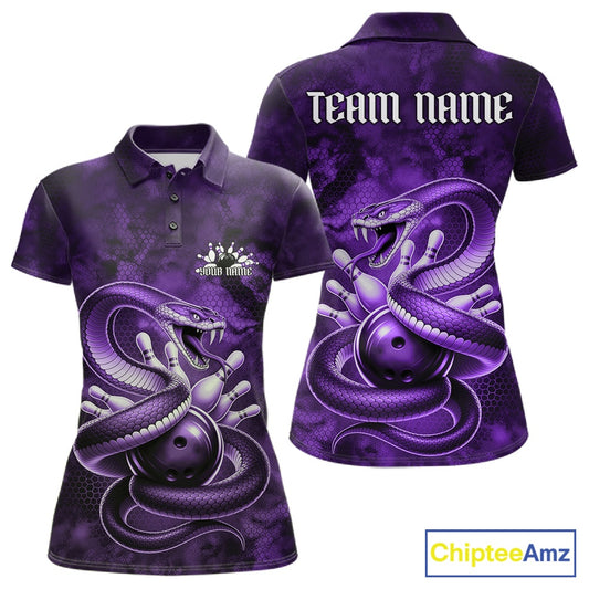 Front and back womens bowling polo featuring a purple cobra coiled around a bowling ball with scattered pins in dark fantasy style.