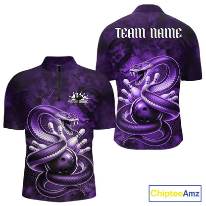 Front and back mens bowling quarter-zip featuring a purple cobra coiled around a bowling ball with scattered pins in dark fantasy style.