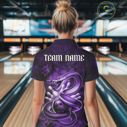 Back view of a womens bowling quarter-zip showcasing a purple cobra wrapped around a bowling ball in dark fantasy style.