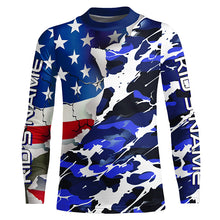 Load image into Gallery viewer, Custom American Flag Blue Camo Long Sleeve Shirts, Patriotic Performance Fishing Shirts IPHW6535