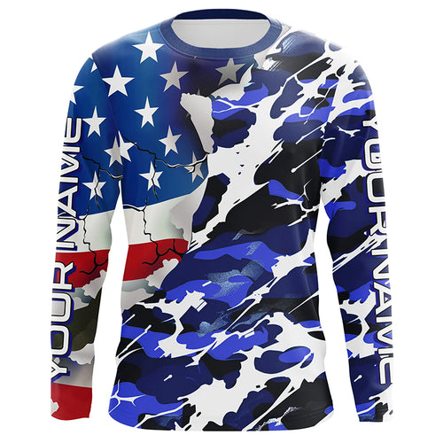 Custom American Flag Blue Camo Long Sleeve Shirts, Patriotic Performance Fishing Shirts IPHW6535