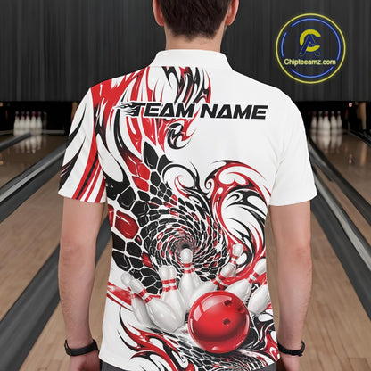 White bowling polo shirt displayed from the back on a male model, showcasing red and black tribal motifs and a glossy bowling strike scene