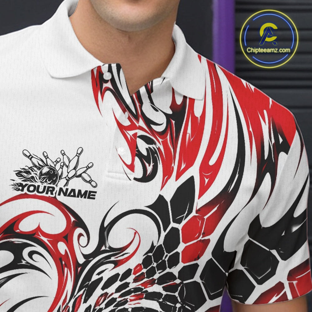 Close-up of the left chest on a white bowling polo shirt with red and black tribal accents, scale-inspired textures, and a red bowling ball illustration