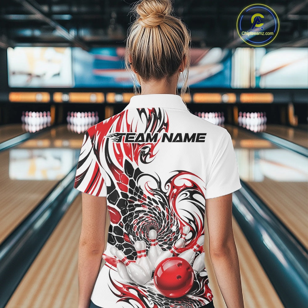 Back view of a female model in a white bowling quarter-zip shirt with red and black tribal graphics and textured pattern details